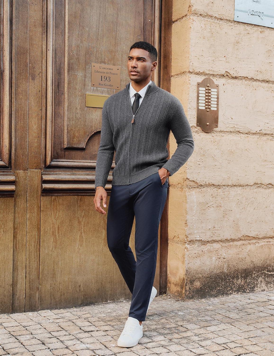 imagePJ PAUL JONES Mens Cardigan Sweater Full Zip Up Sweater Ribbed Knit Stand Collar CardigansDark Gray