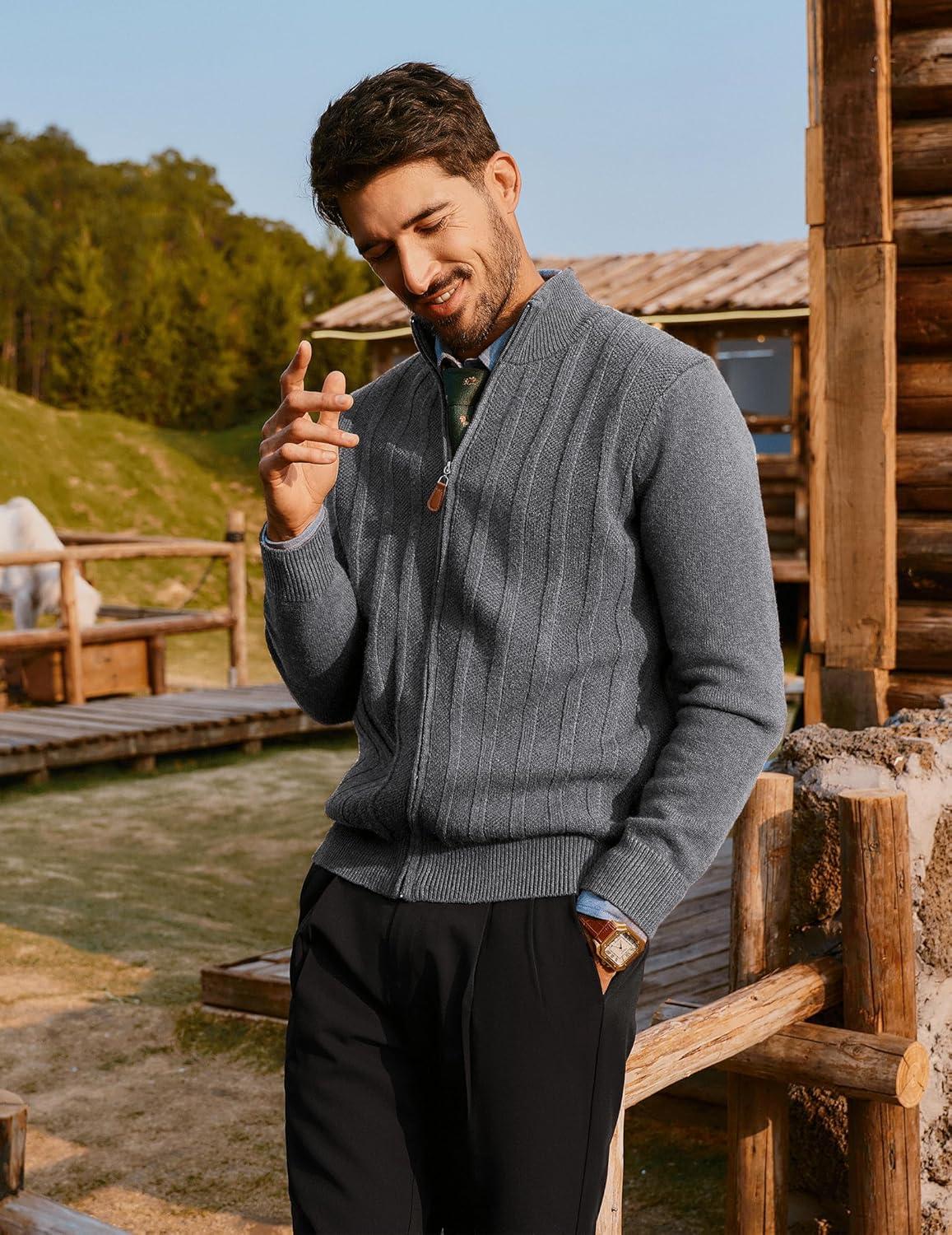 imagePJ PAUL JONES Mens Cardigan Sweater Full Zip Up Sweater Ribbed Knit Stand Collar CardigansDark Gray