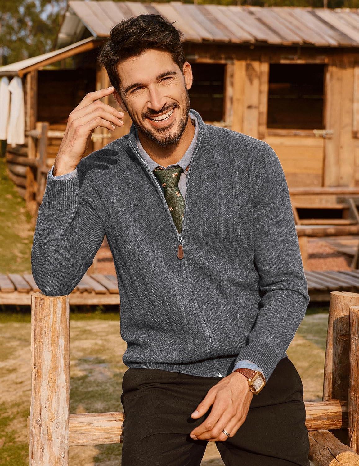 imagePJ PAUL JONES Mens Cardigan Sweater Full Zip Up Sweater Ribbed Knit Stand Collar CardigansDark Gray