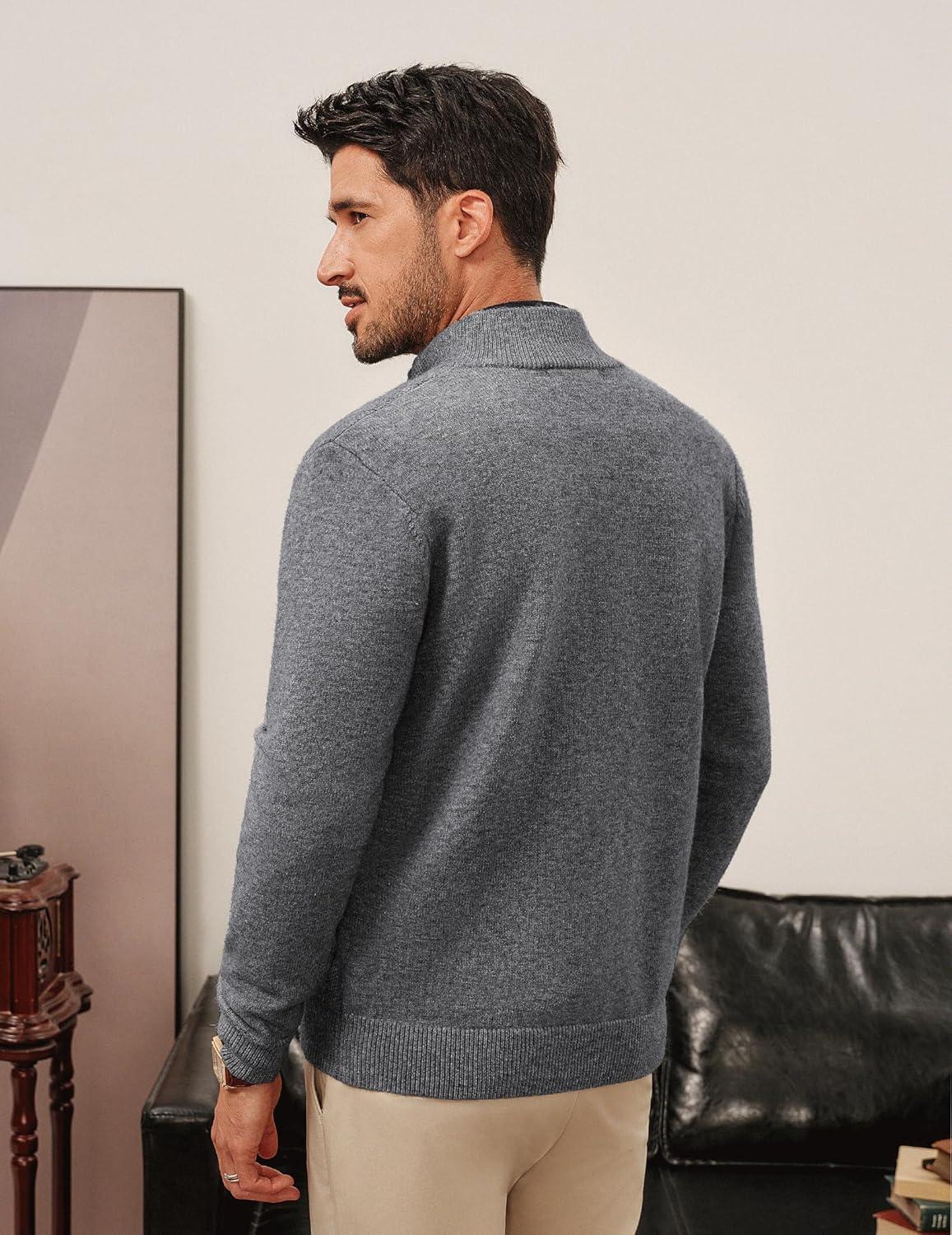 imagePJ PAUL JONES Mens Cardigan Sweater Full Zip Up Sweater Ribbed Knit Stand Collar CardigansDark Gray