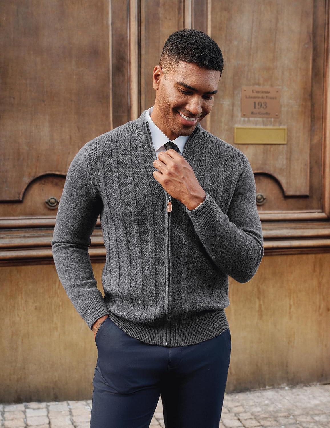 imagePJ PAUL JONES Mens Cardigan Sweater Full Zip Up Sweater Ribbed Knit Stand Collar CardigansDark Gray