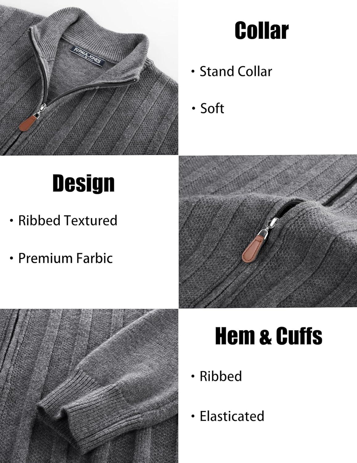 imagePJ PAUL JONES Mens Cardigan Sweater Full Zip Up Sweater Ribbed Knit Stand Collar CardigansDark Gray