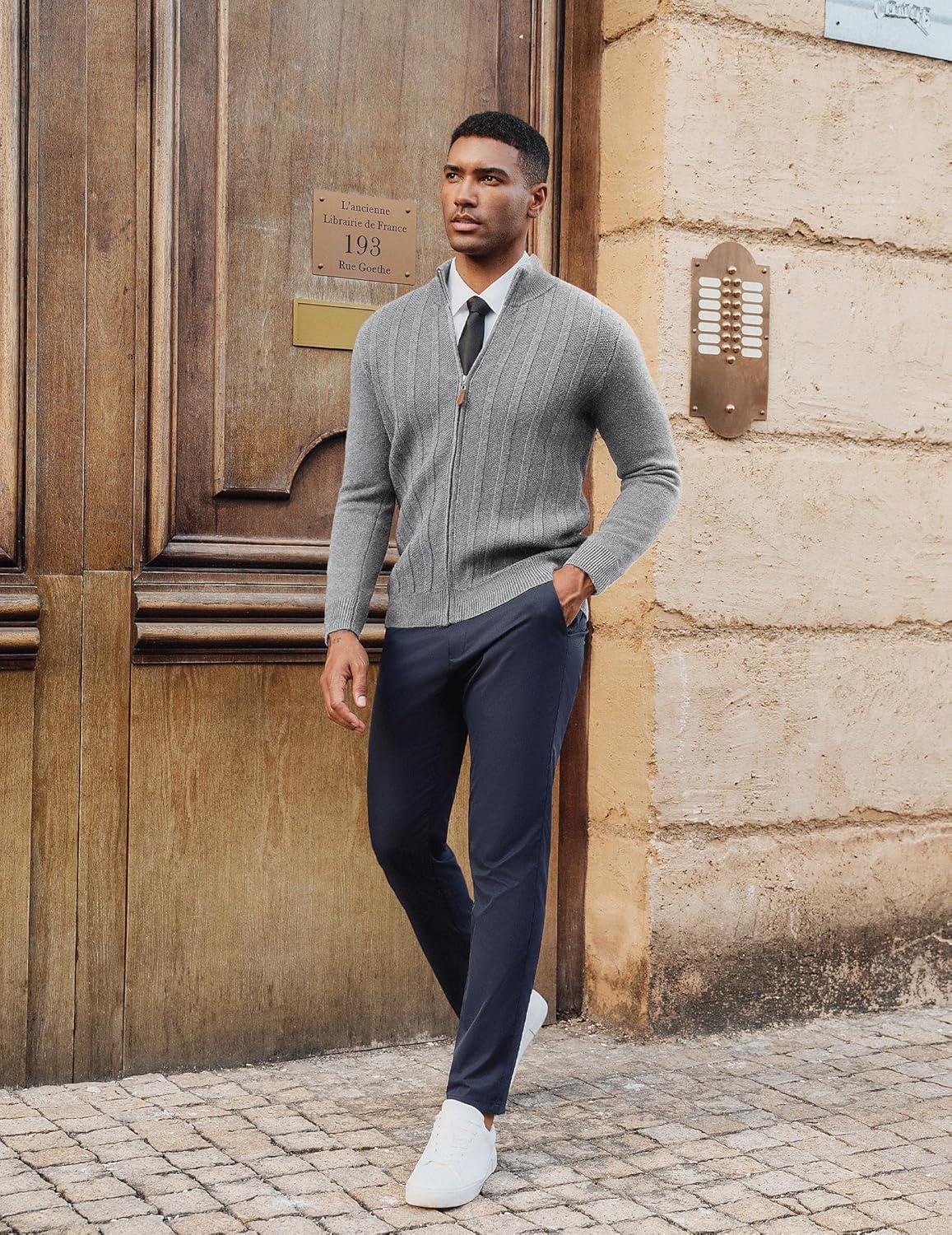 imagePJ PAUL JONES Mens Cardigan Sweater Full Zip Up Sweater Ribbed Knit Stand Collar CardigansGrey