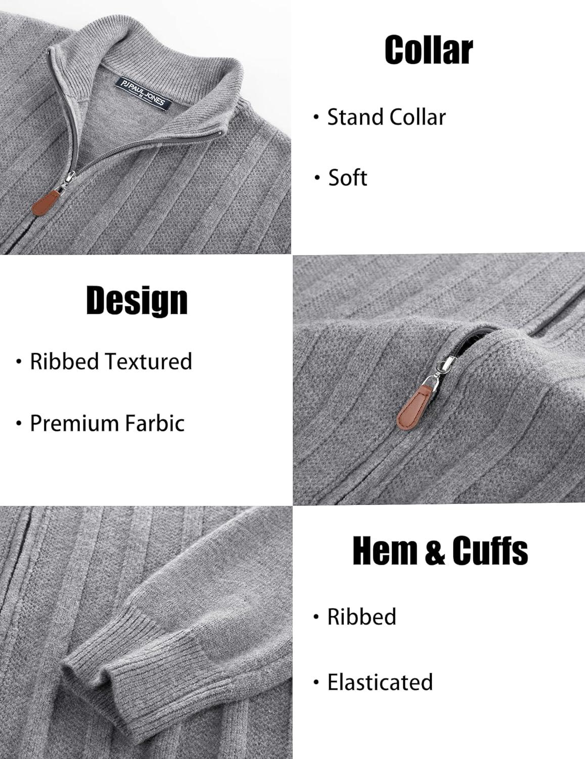 imagePJ PAUL JONES Mens Cardigan Sweater Full Zip Up Sweater Ribbed Knit Stand Collar CardigansGrey