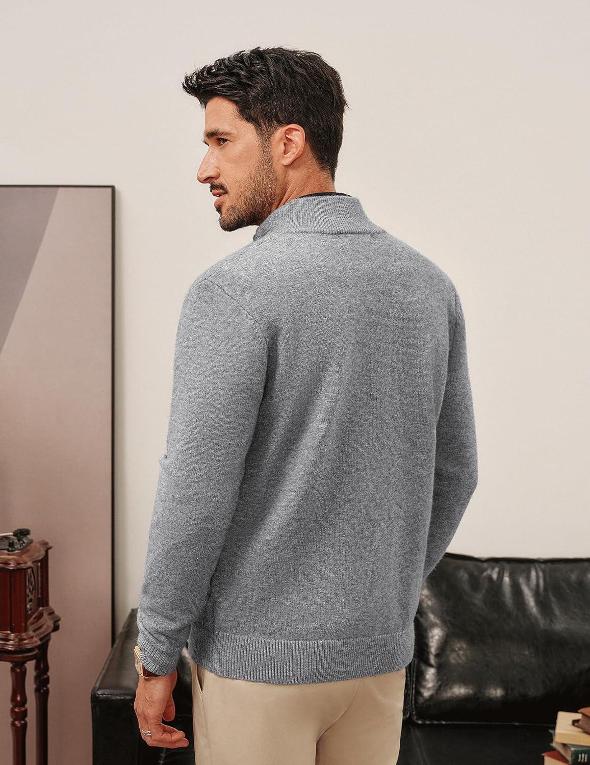 imagePJ PAUL JONES Mens Cardigan Sweater Full Zip Up Sweater Ribbed Knit Stand Collar CardigansGrey