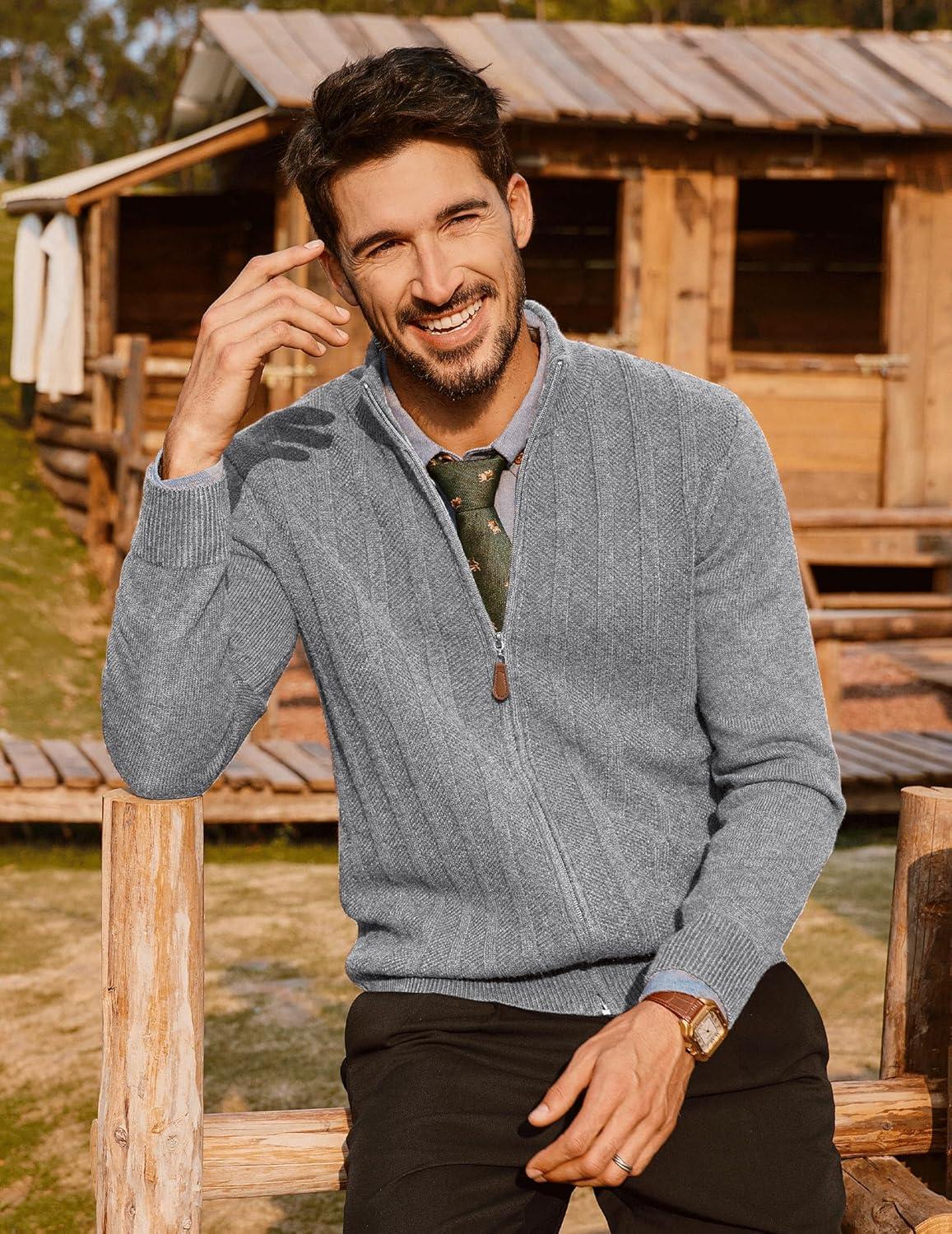 imagePJ PAUL JONES Mens Cardigan Sweater Full Zip Up Sweater Ribbed Knit Stand Collar CardigansGrey