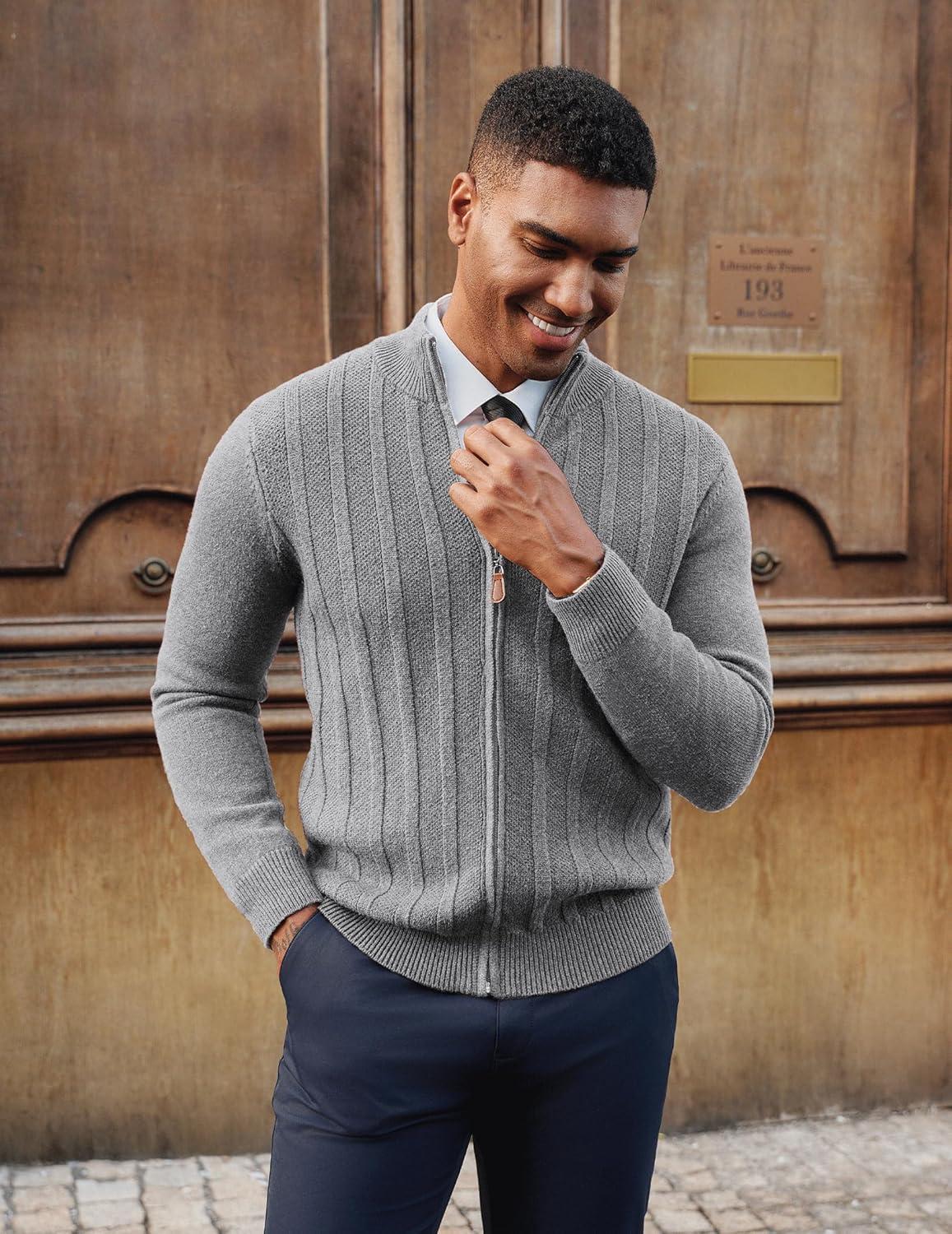 imagePJ PAUL JONES Mens Cardigan Sweater Full Zip Up Sweater Ribbed Knit Stand Collar CardigansGrey