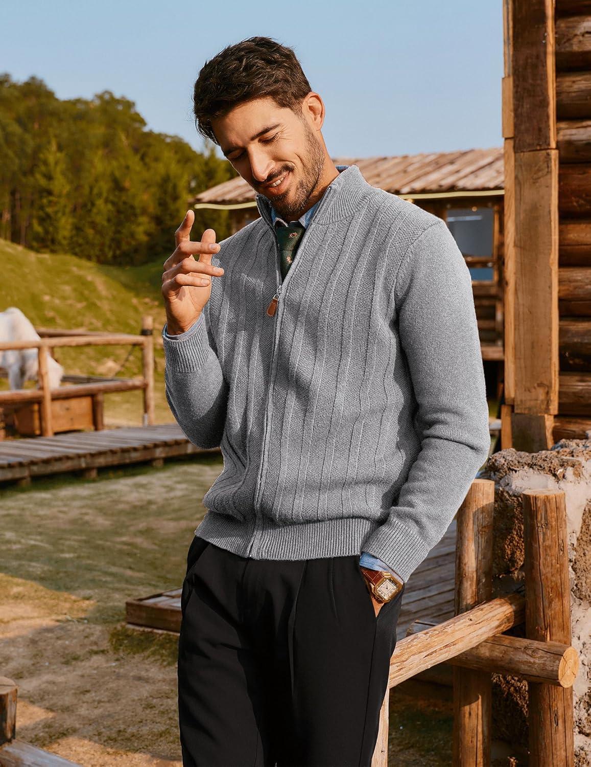 imagePJ PAUL JONES Mens Cardigan Sweater Full Zip Up Sweater Ribbed Knit Stand Collar CardigansGrey