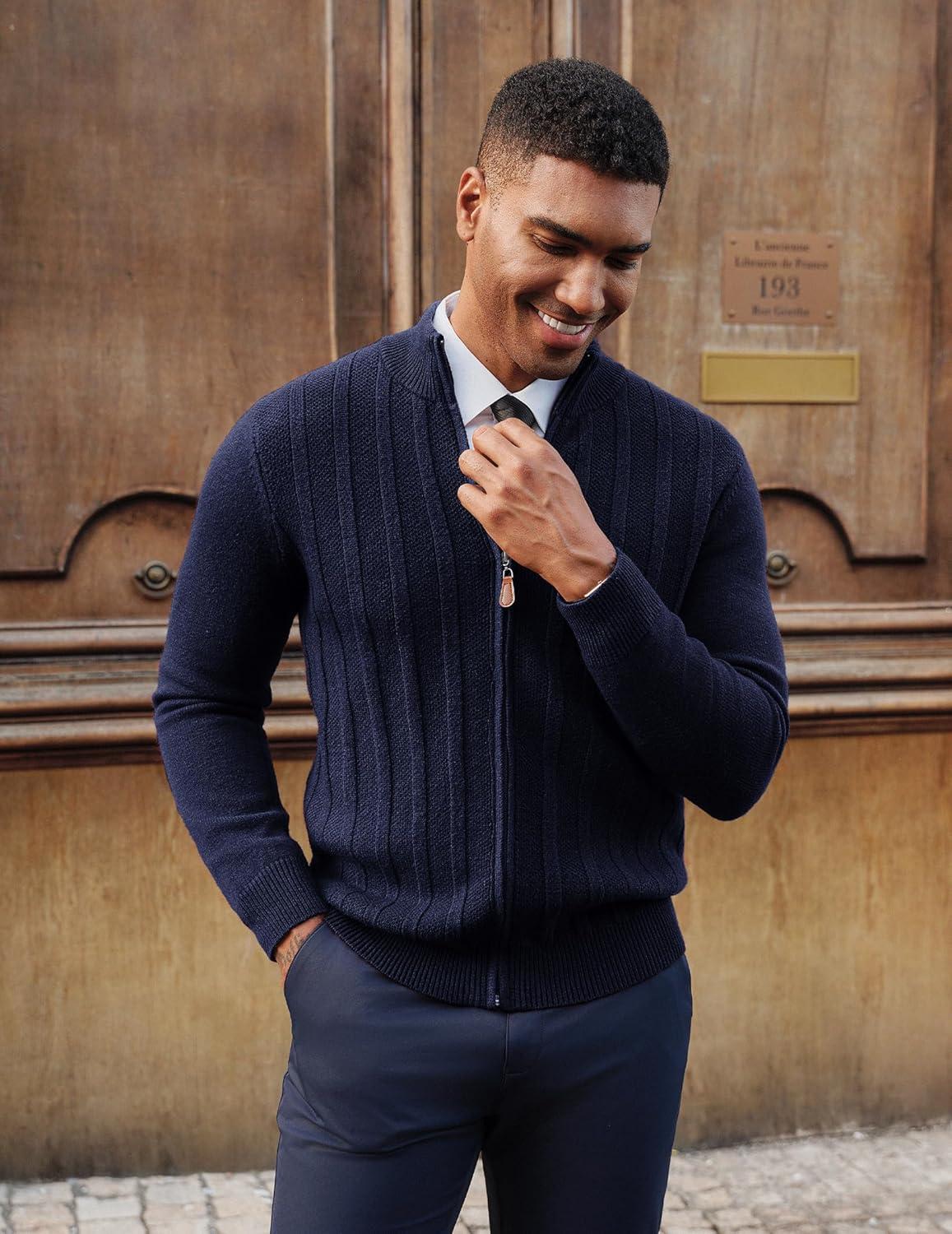 imagePJ PAUL JONES Mens Cardigan Sweater Full Zip Up Sweater Ribbed Knit Stand Collar CardigansNavy Blue