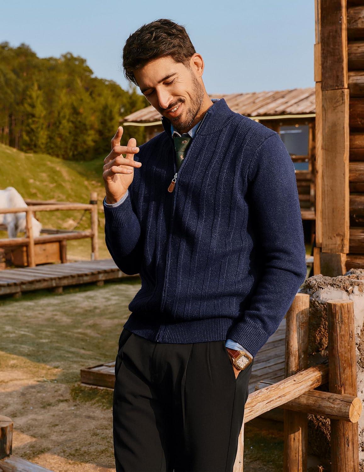 imagePJ PAUL JONES Mens Cardigan Sweater Full Zip Up Sweater Ribbed Knit Stand Collar CardigansNavy Blue