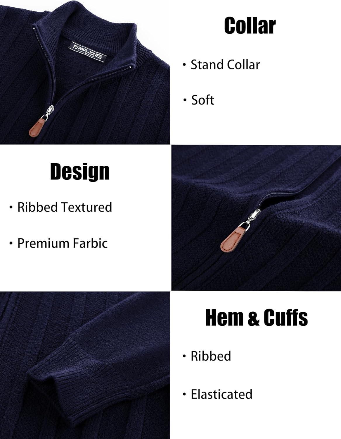 imagePJ PAUL JONES Mens Cardigan Sweater Full Zip Up Sweater Ribbed Knit Stand Collar CardigansNavy Blue