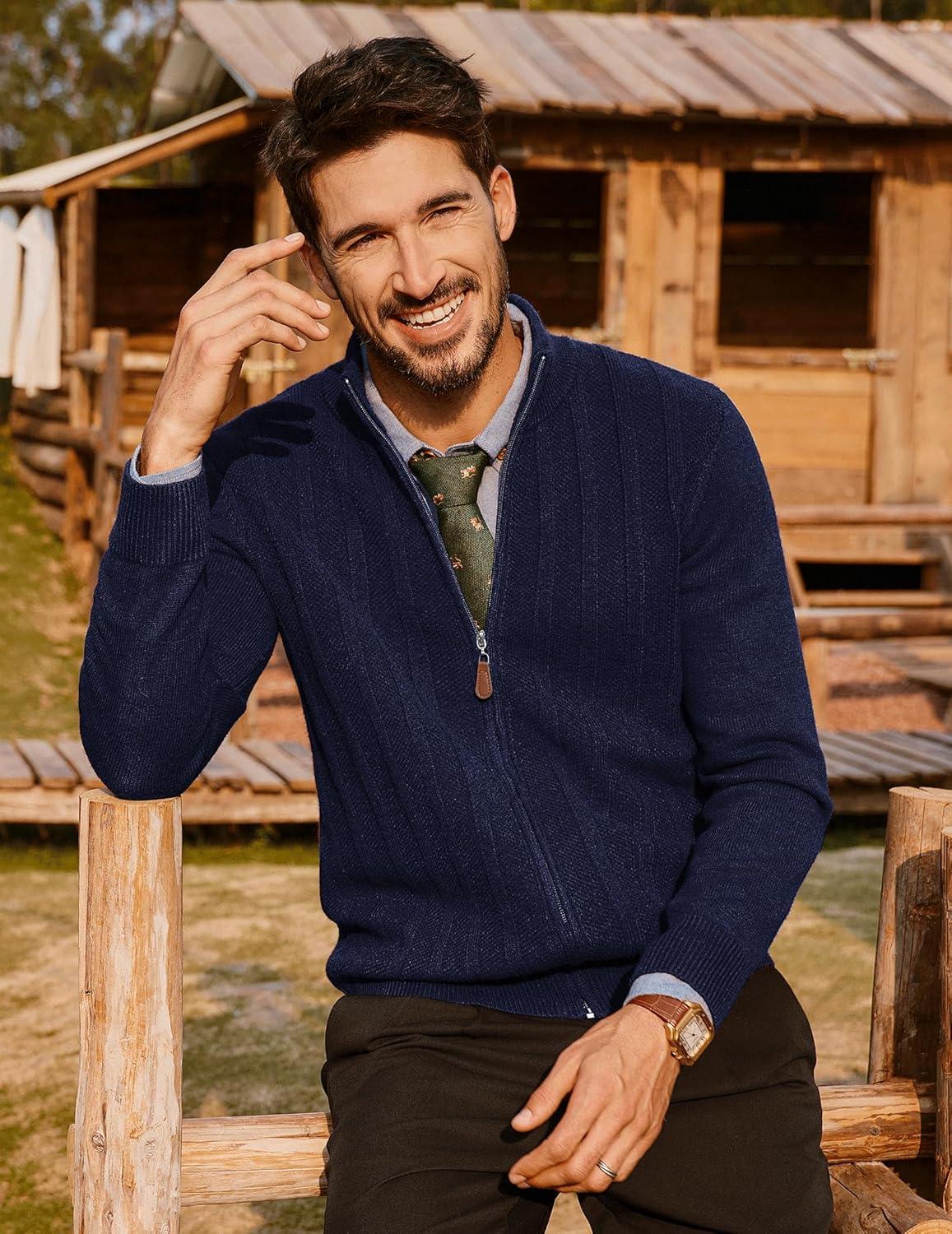 imagePJ PAUL JONES Mens Cardigan Sweater Full Zip Up Sweater Ribbed Knit Stand Collar CardigansNavy Blue