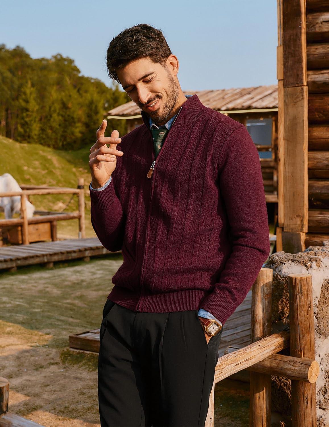 imagePJ PAUL JONES Mens Cardigan Sweater Full Zip Up Sweater Ribbed Knit Stand Collar CardigansWine Red