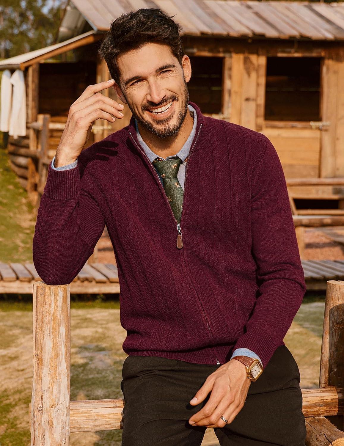 imagePJ PAUL JONES Mens Cardigan Sweater Full Zip Up Sweater Ribbed Knit Stand Collar CardigansWine Red