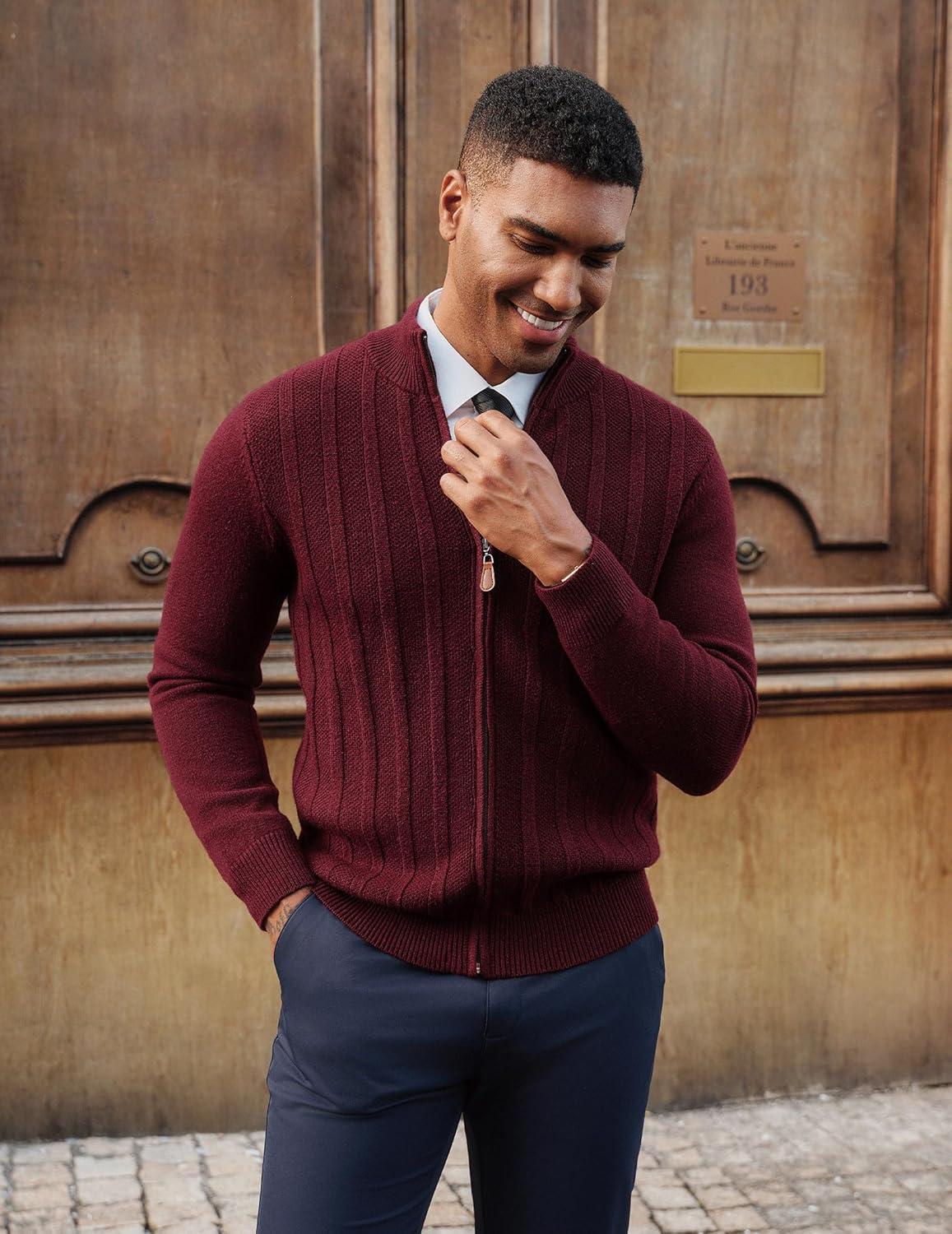 imagePJ PAUL JONES Mens Cardigan Sweater Full Zip Up Sweater Ribbed Knit Stand Collar CardigansWine Red