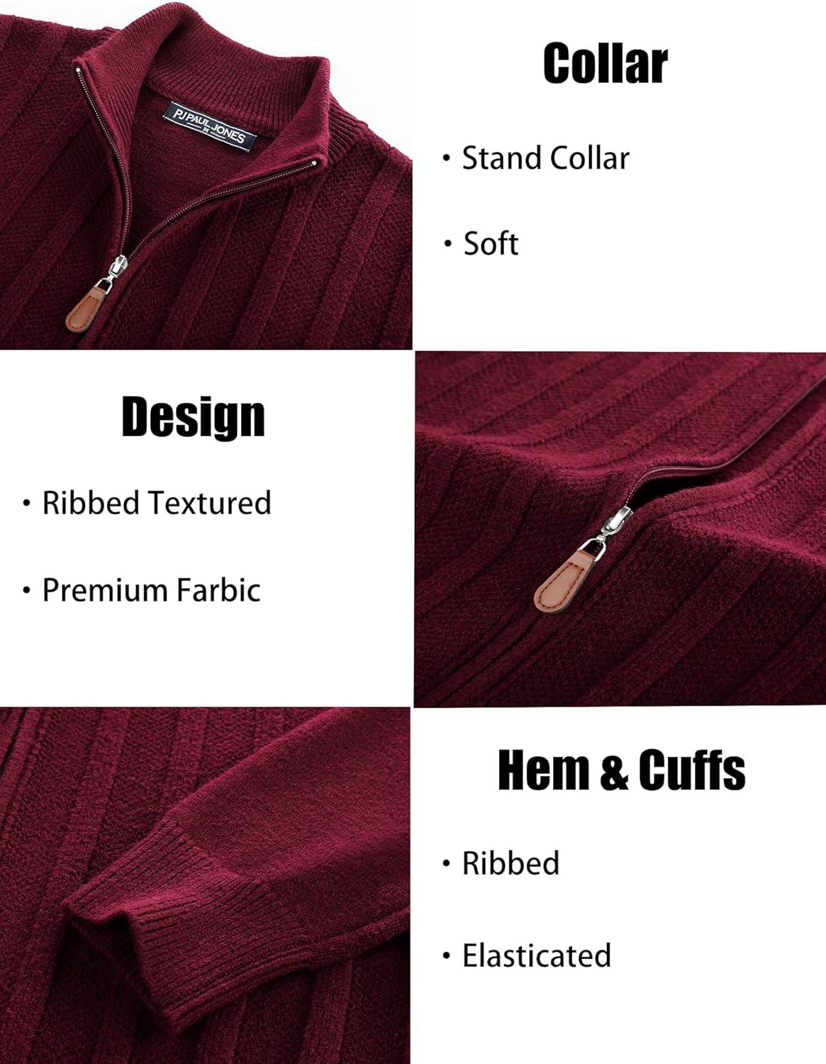 imagePJ PAUL JONES Mens Cardigan Sweater Full Zip Up Sweater Ribbed Knit Stand Collar CardigansWine Red