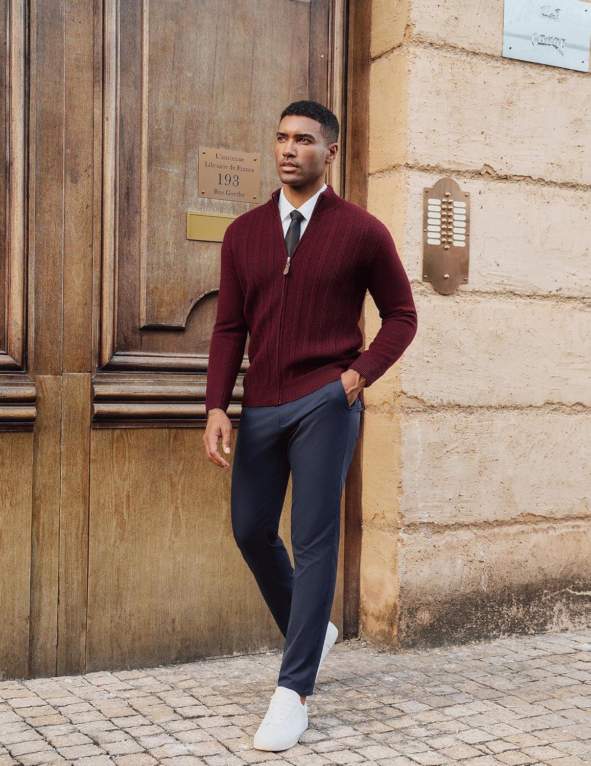 imagePJ PAUL JONES Mens Cardigan Sweater Full Zip Up Sweater Ribbed Knit Stand Collar CardigansWine Red