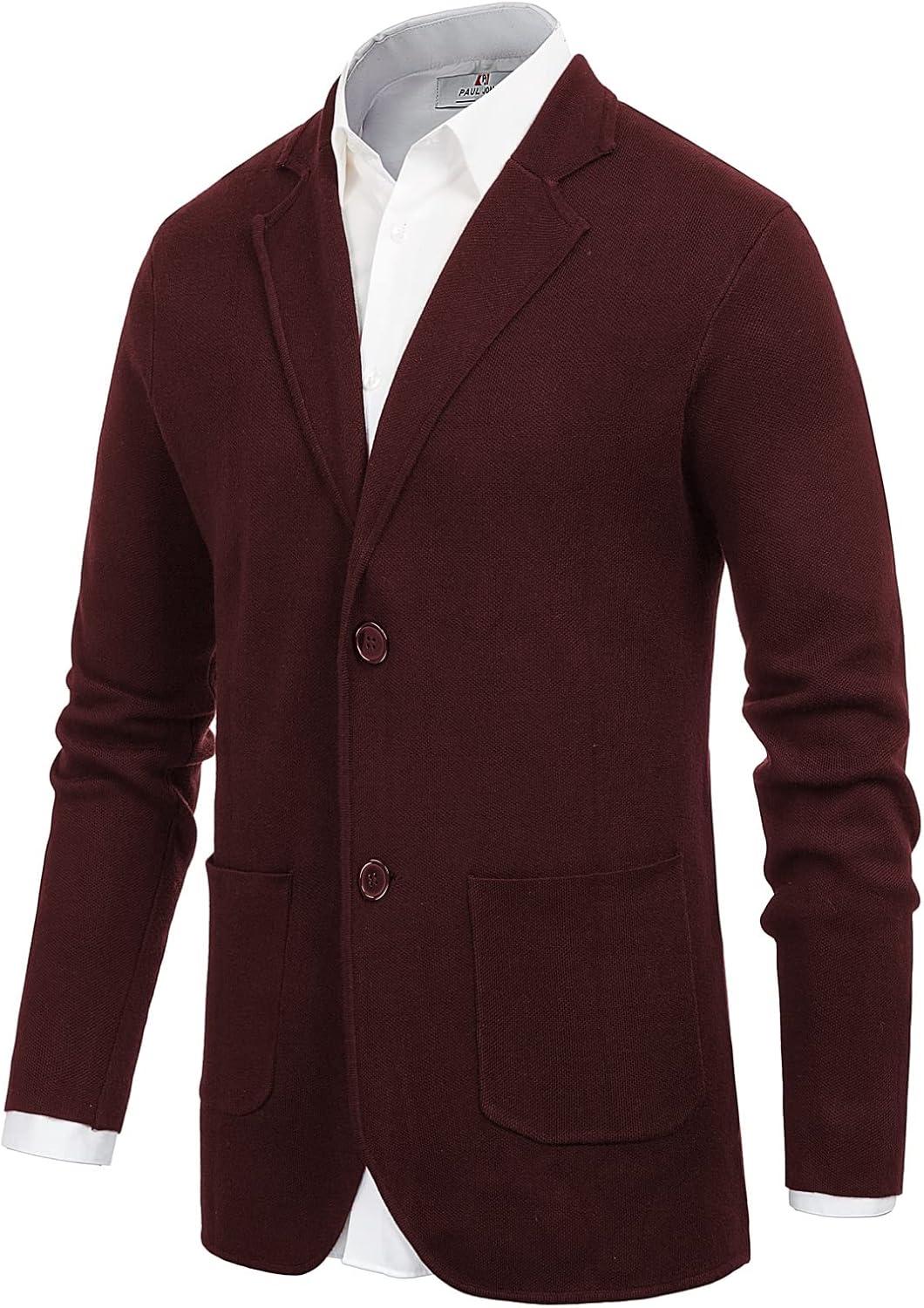 imagePJ PAUL JONES Mens Cardigan Sweater Shawl Collar Button Down Knit Blazer Jacket KnitwearBurgundy