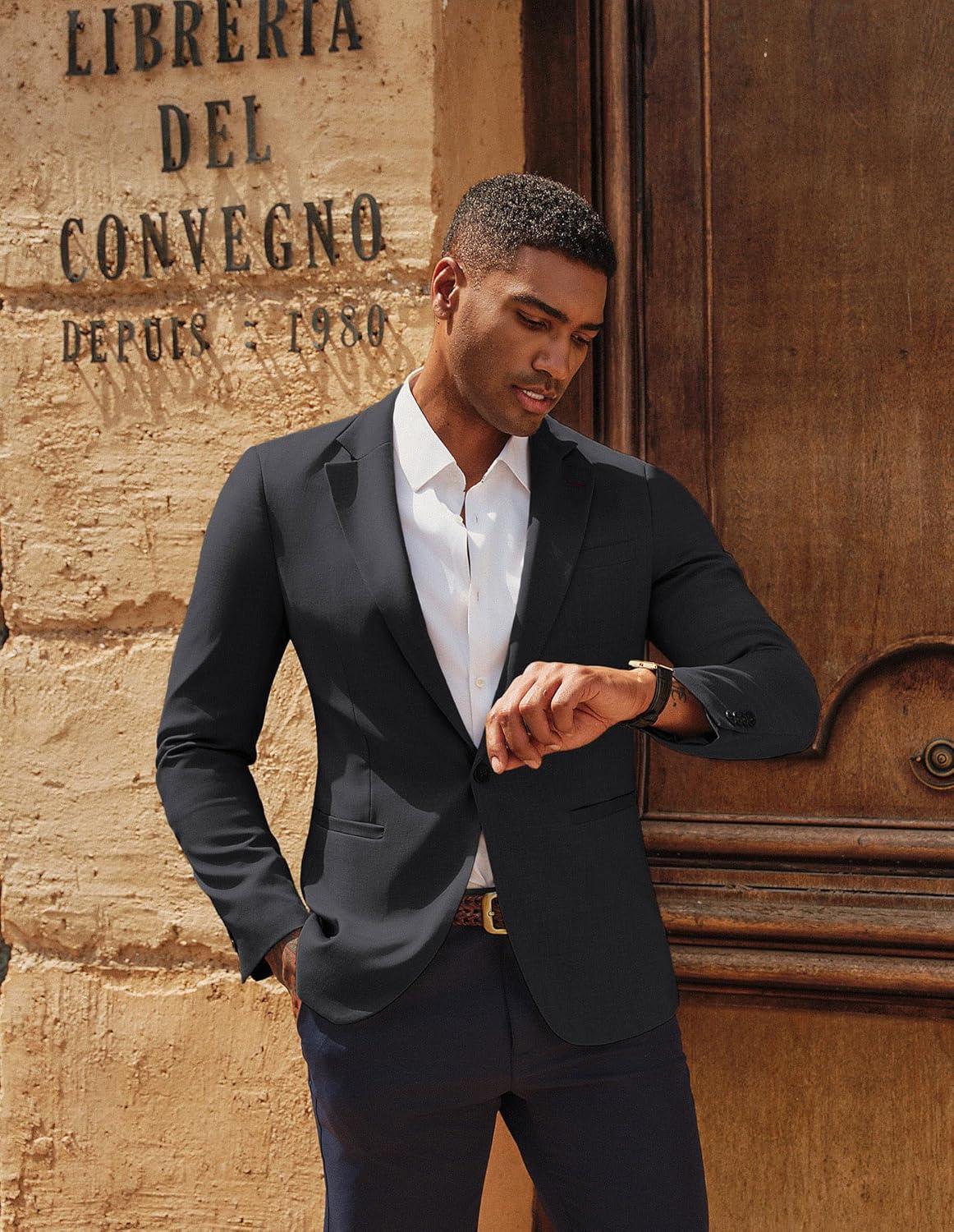 imagePJ PAUL JONES Mens Casual Blazer One Button Lightweight Sport Coats Solid Notched Lapel Suit JacketsBlack