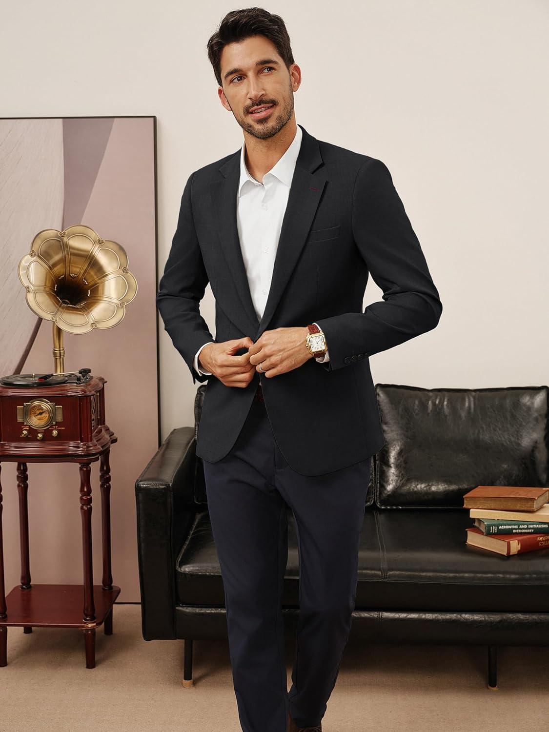 imagePJ PAUL JONES Mens Casual Blazer One Button Lightweight Sport Coats Solid Notched Lapel Suit JacketsBlack