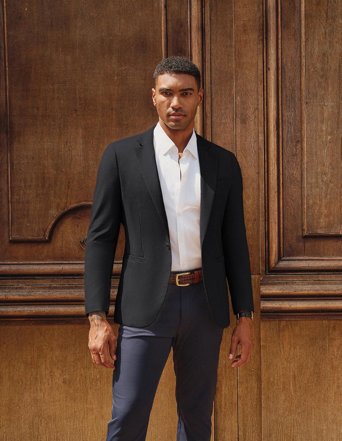 imagePJ PAUL JONES Mens Casual Blazer One Button Lightweight Sport Coats Solid Notched Lapel Suit JacketsBlack