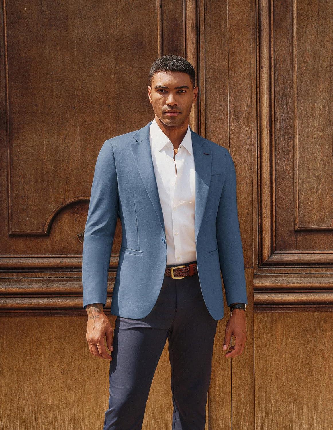 imagePJ PAUL JONES Mens Casual Blazer One Button Lightweight Sport Coats Solid Notched Lapel Suit JacketsBlue