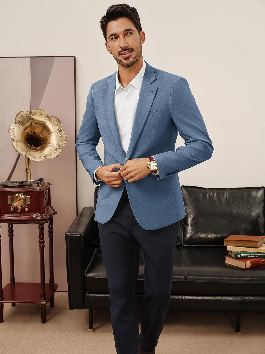 imagePJ PAUL JONES Mens Casual Blazer One Button Lightweight Sport Coats Solid Notched Lapel Suit JacketsBlue