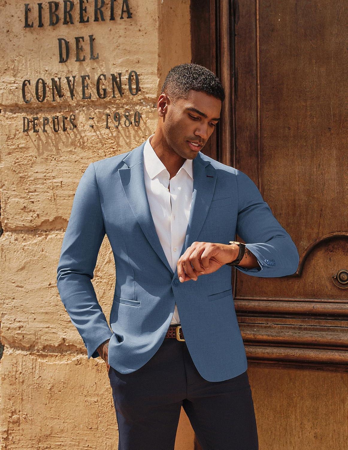 imagePJ PAUL JONES Mens Casual Blazer One Button Lightweight Sport Coats Solid Notched Lapel Suit JacketsBlue