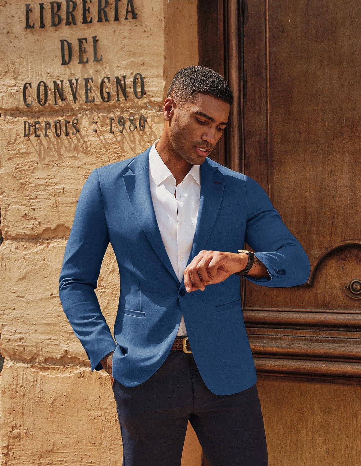 imagePJ PAUL JONES Mens Casual Blazer One Button Lightweight Sport Coats Solid Notched Lapel Suit JacketsDenim Blue