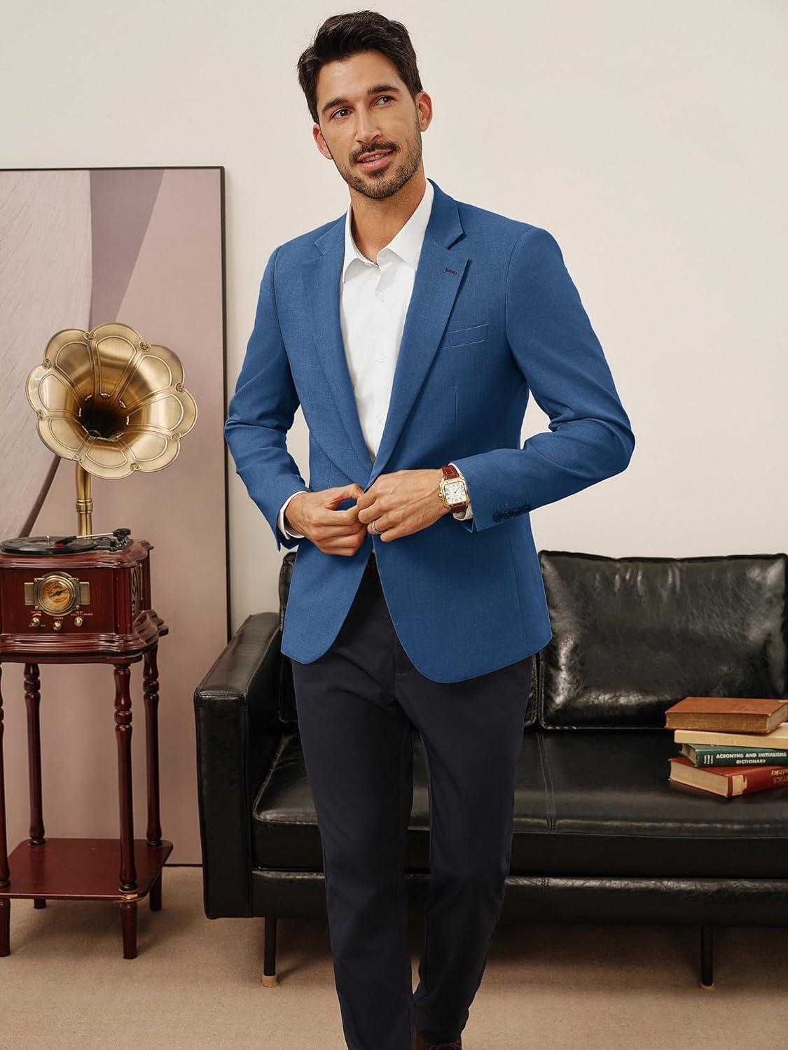 imagePJ PAUL JONES Mens Casual Blazer One Button Lightweight Sport Coats Solid Notched Lapel Suit JacketsDenim Blue