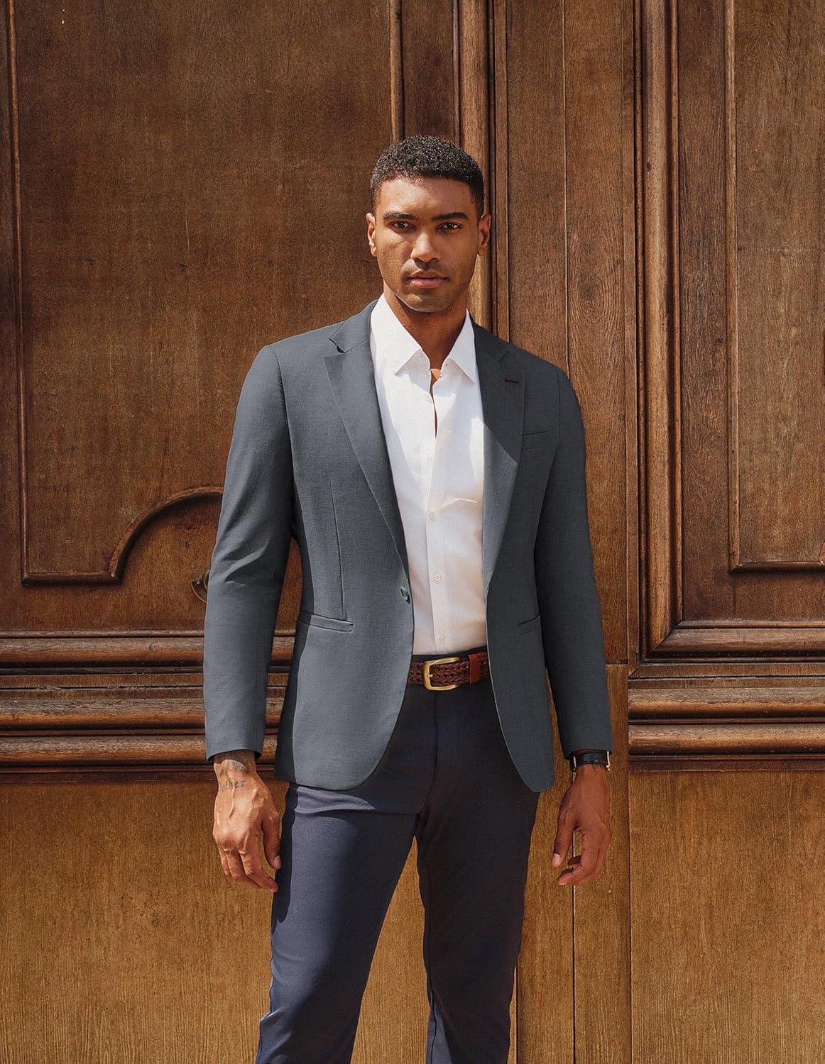 imagePJ PAUL JONES Mens Casual Blazer One Button Lightweight Sport Coats Solid Notched Lapel Suit JacketsGrey