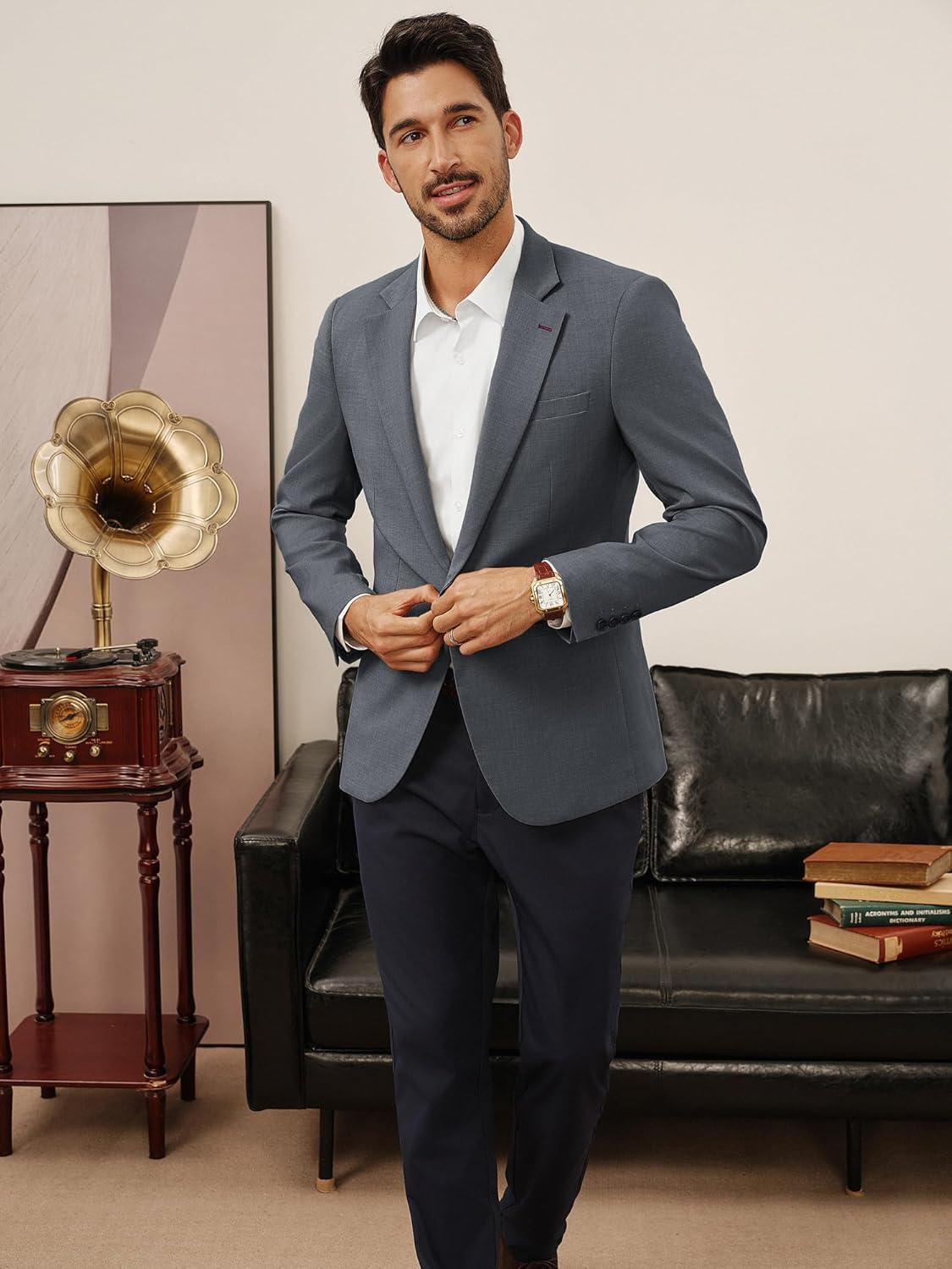 imagePJ PAUL JONES Mens Casual Blazer One Button Lightweight Sport Coats Solid Notched Lapel Suit JacketsGrey