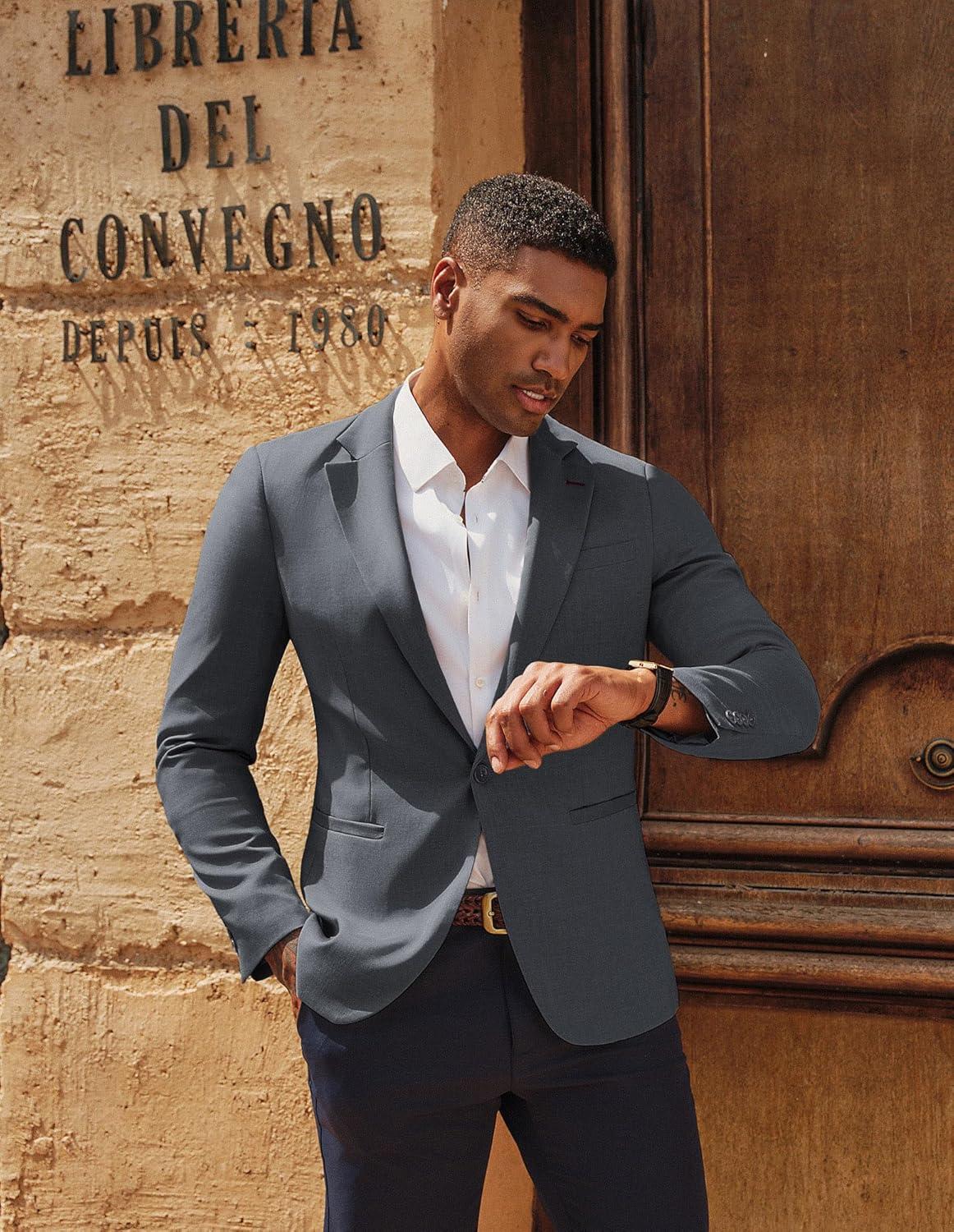 imagePJ PAUL JONES Mens Casual Blazer One Button Lightweight Sport Coats Solid Notched Lapel Suit JacketsGrey