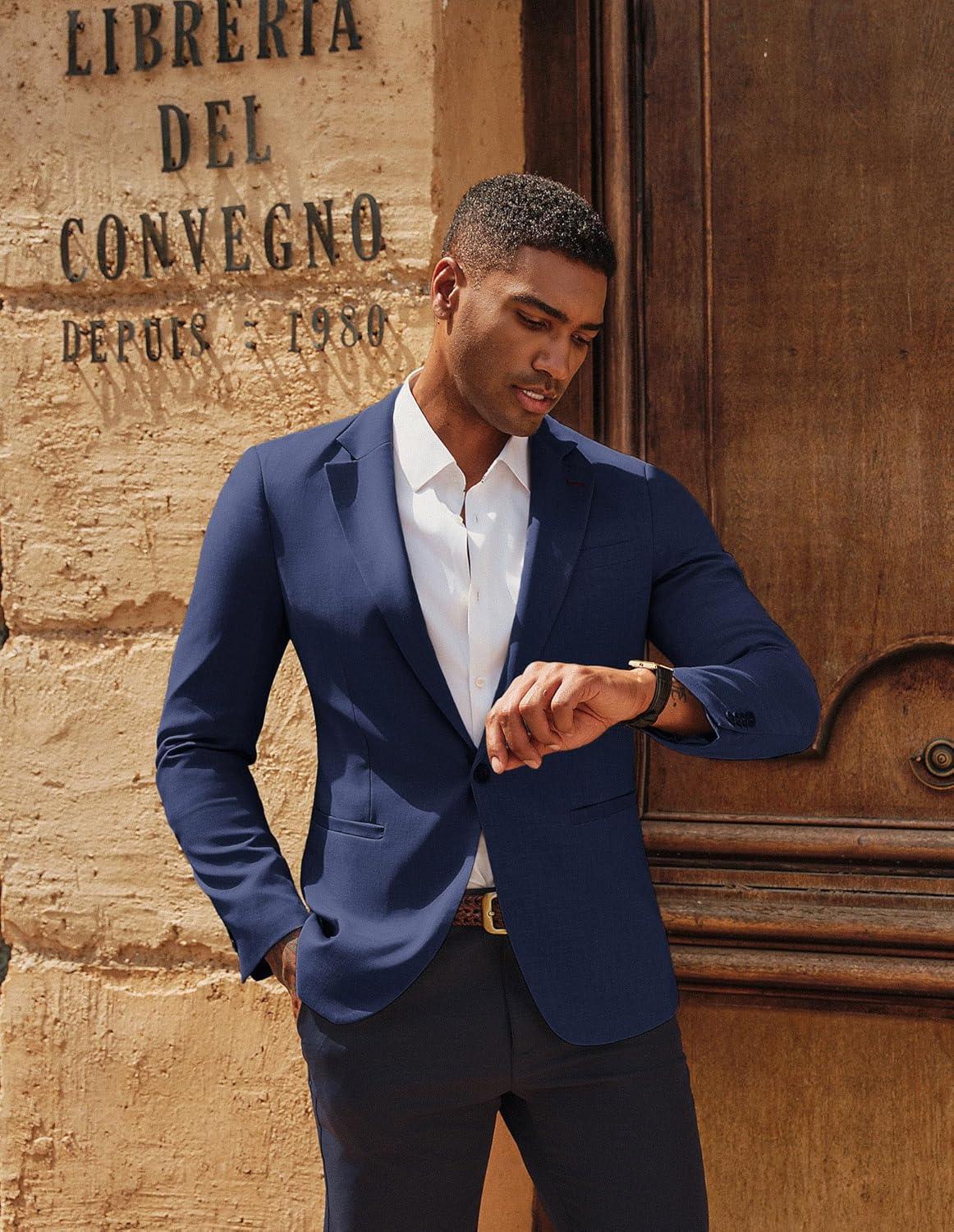 imagePJ PAUL JONES Mens Casual Blazer One Button Lightweight Sport Coats Solid Notched Lapel Suit JacketsNavy Blue