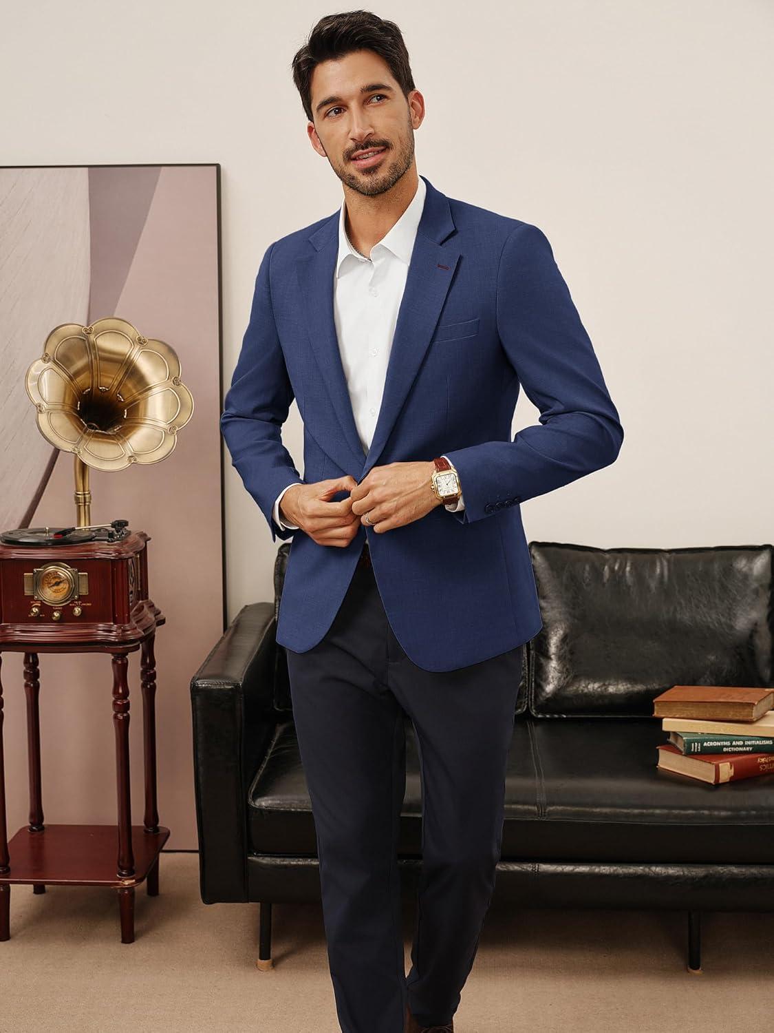 imagePJ PAUL JONES Mens Casual Blazer One Button Lightweight Sport Coats Solid Notched Lapel Suit JacketsNavy Blue