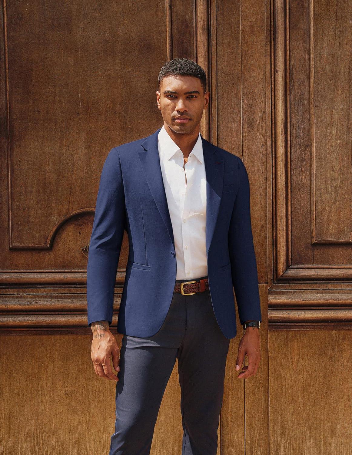 imagePJ PAUL JONES Mens Casual Blazer One Button Lightweight Sport Coats Solid Notched Lapel Suit JacketsNavy Blue