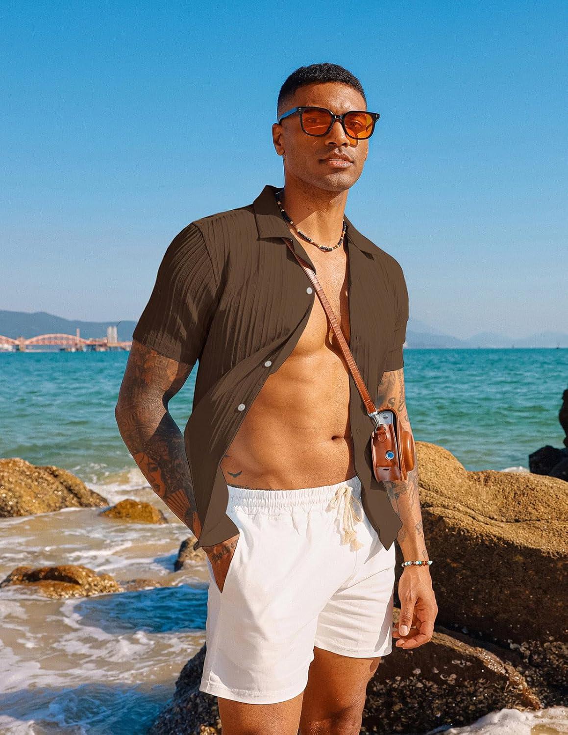 imagePJ PAUL JONES Mens Casual Button Down Shirts Short Sleeve Summer Textured Beach WrinkleFree ShirtsCoffee