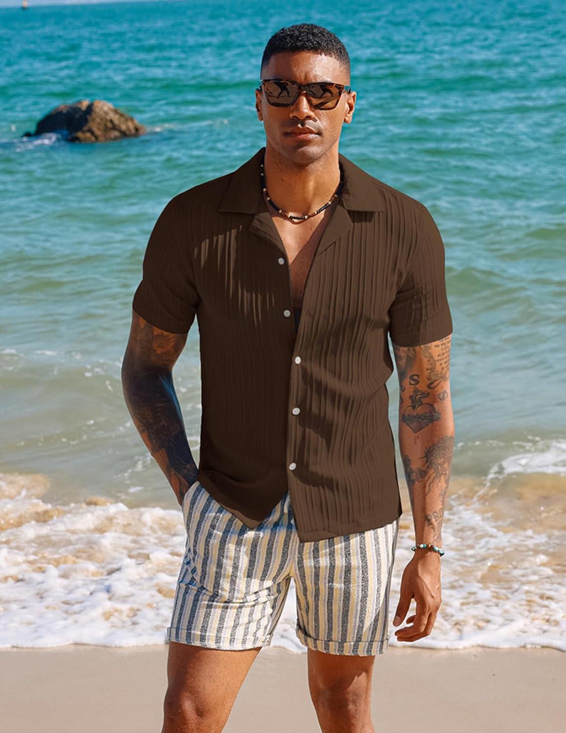 imagePJ PAUL JONES Mens Casual Button Down Shirts Short Sleeve Summer Textured Beach WrinkleFree ShirtsCoffee