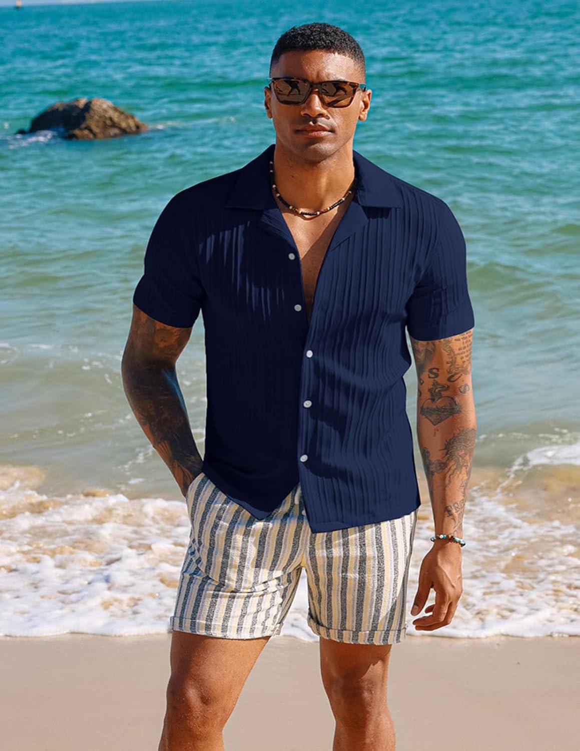 imagePJ PAUL JONES Mens Casual Button Down Shirts Short Sleeve Summer Textured Beach WrinkleFree ShirtsDeep Blue