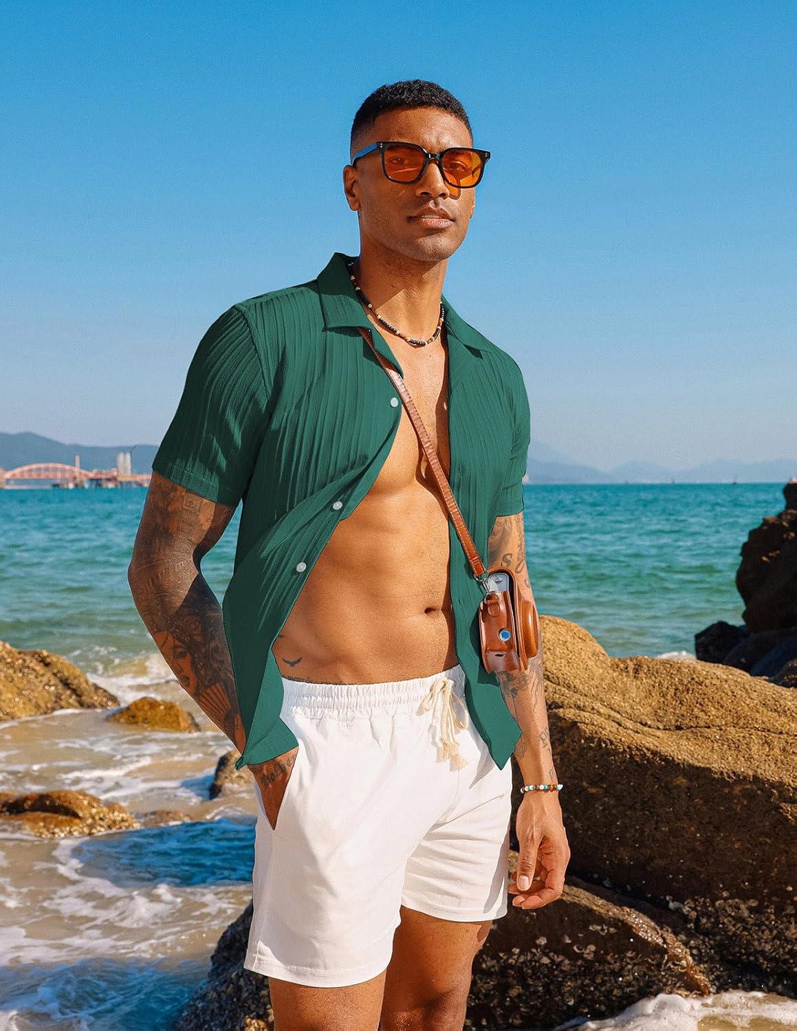 imagePJ PAUL JONES Mens Casual Button Down Shirts Short Sleeve Summer Textured Beach WrinkleFree ShirtsDeep Green