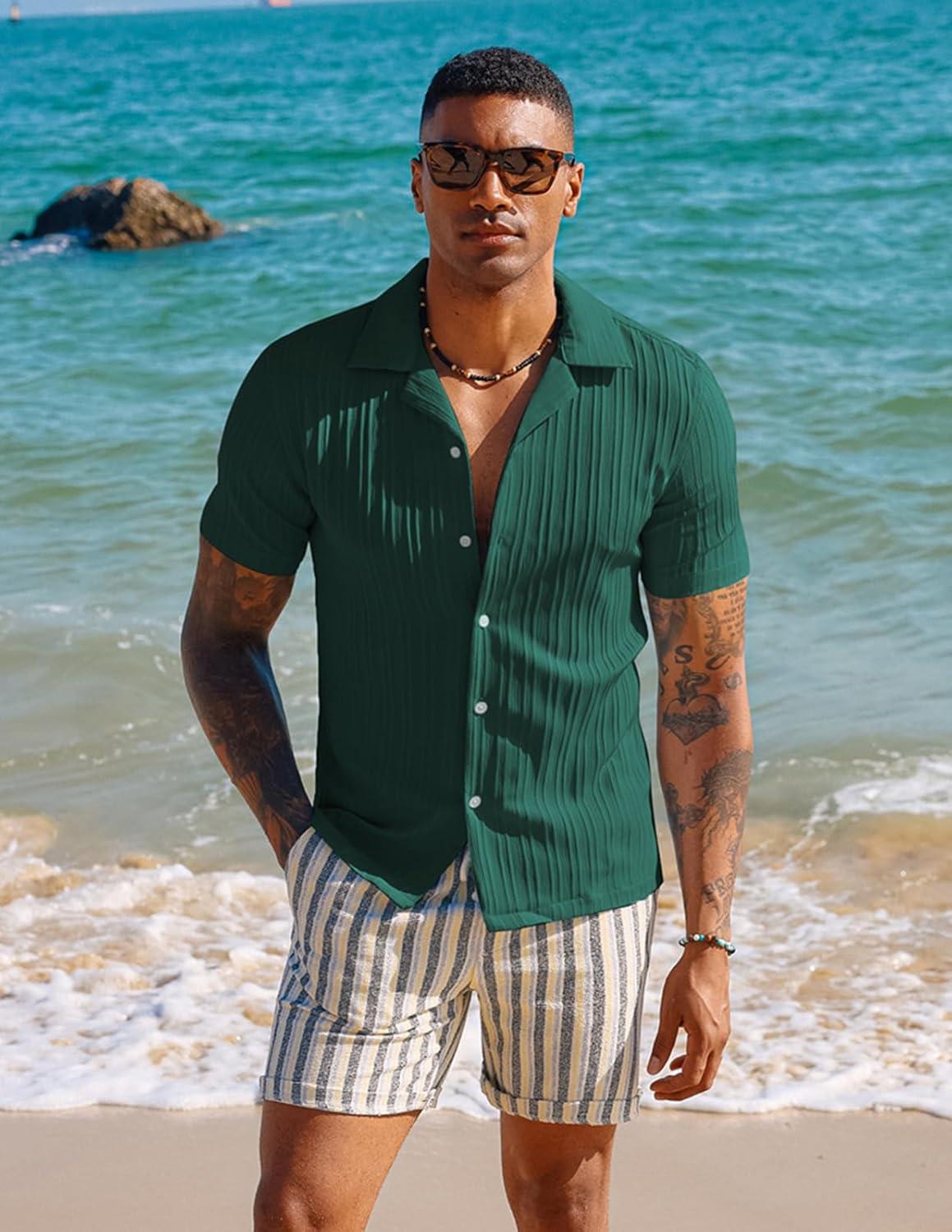 imagePJ PAUL JONES Mens Casual Button Down Shirts Short Sleeve Summer Textured Beach WrinkleFree ShirtsDeep Green