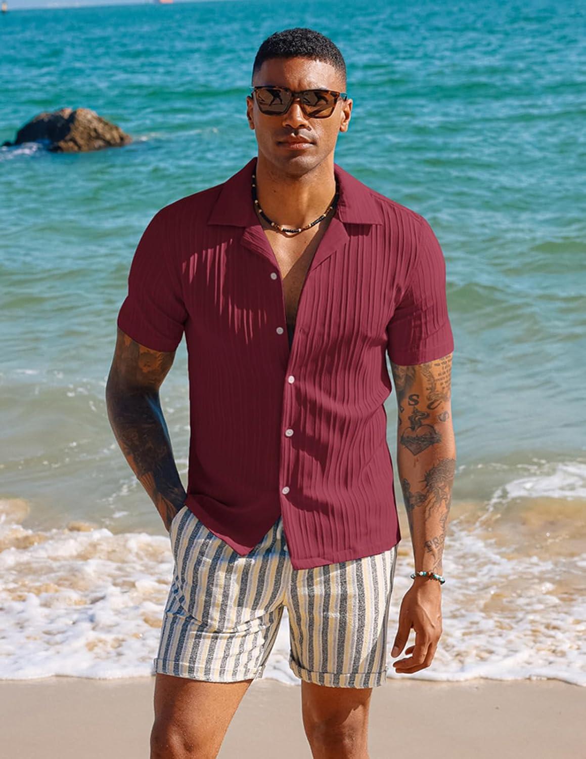 imagePJ PAUL JONES Mens Casual Button Down Shirts Short Sleeve Summer Textured Beach WrinkleFree ShirtsWine Red