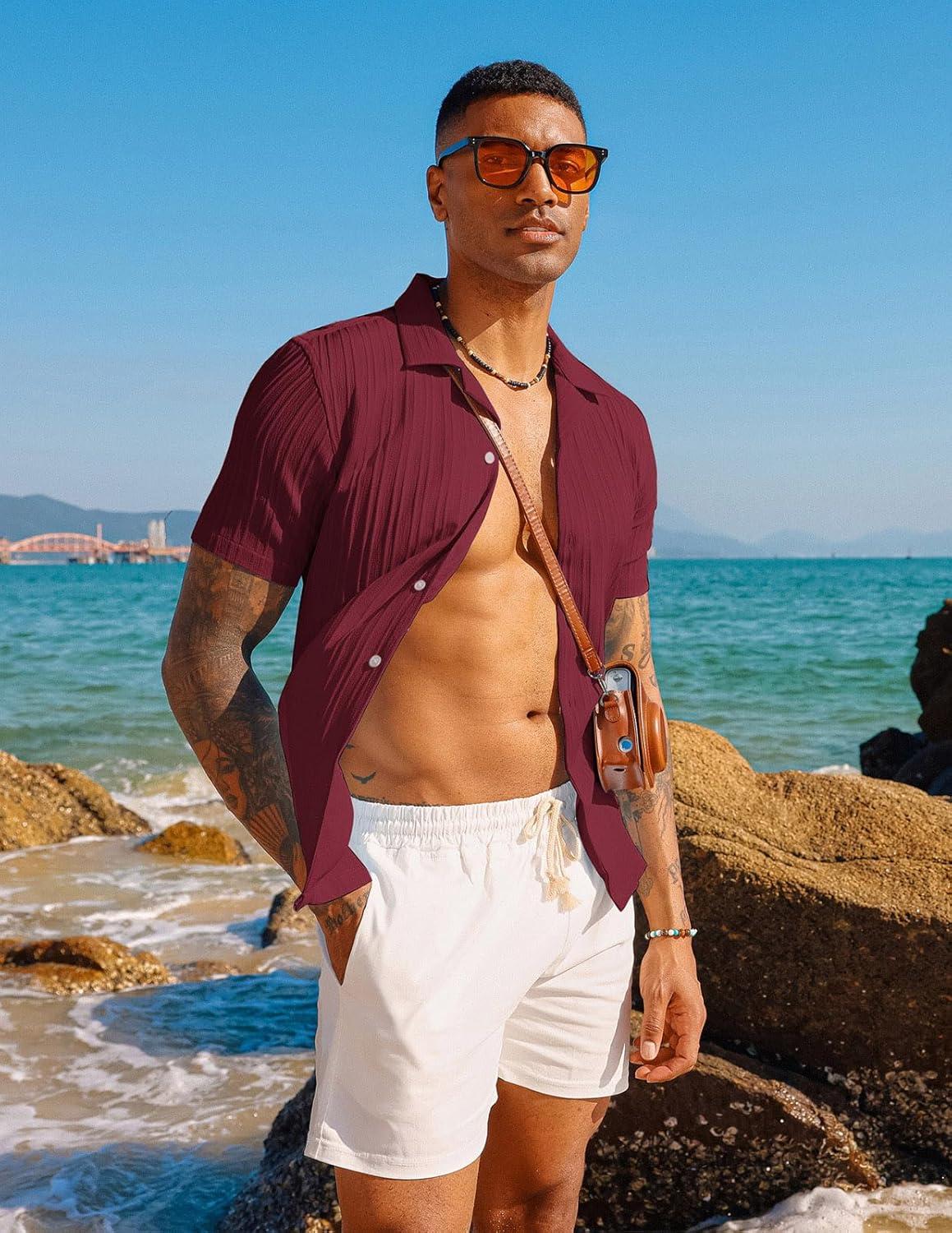 imagePJ PAUL JONES Mens Casual Button Down Shirts Short Sleeve Summer Textured Beach WrinkleFree ShirtsWine Red