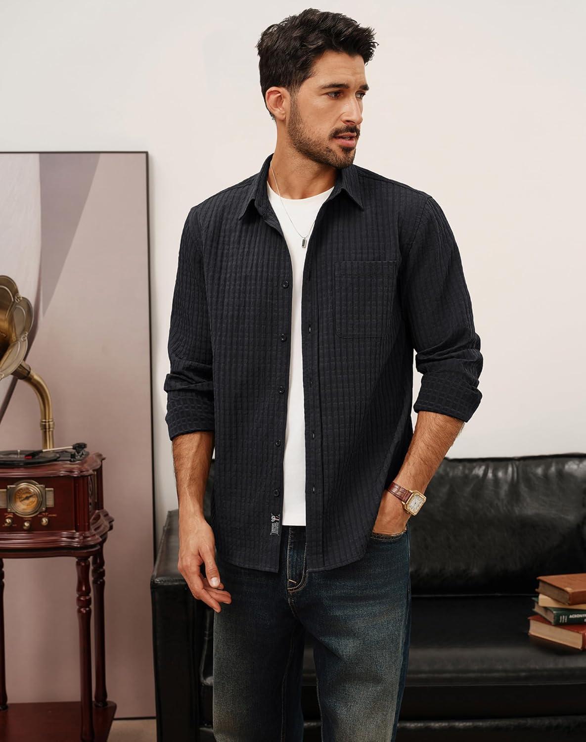 imagePJ PAUL JONES Mens Casual Button Down Shirts Long Sleeve Textured Wrinkle Free Untucked Shirt with PocketBlack