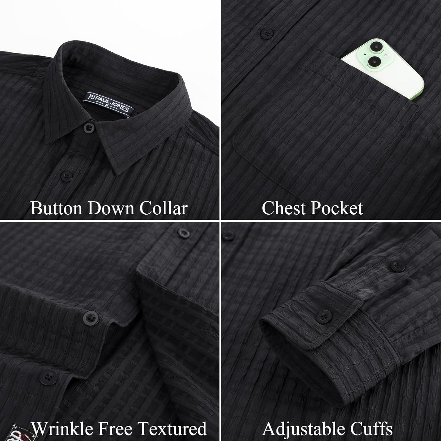 imagePJ PAUL JONES Mens Casual Button Down Shirts Long Sleeve Textured Wrinkle Free Untucked Shirt with PocketBlack