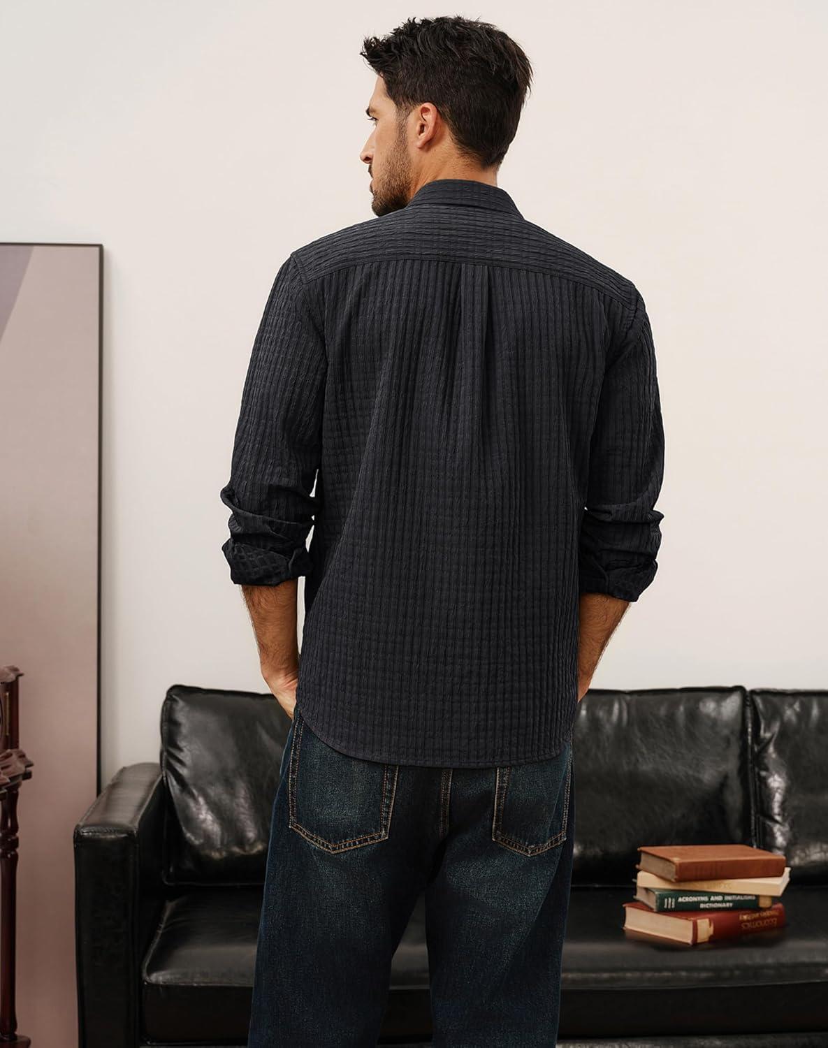 imagePJ PAUL JONES Mens Casual Button Down Shirts Long Sleeve Textured Wrinkle Free Untucked Shirt with PocketBlack