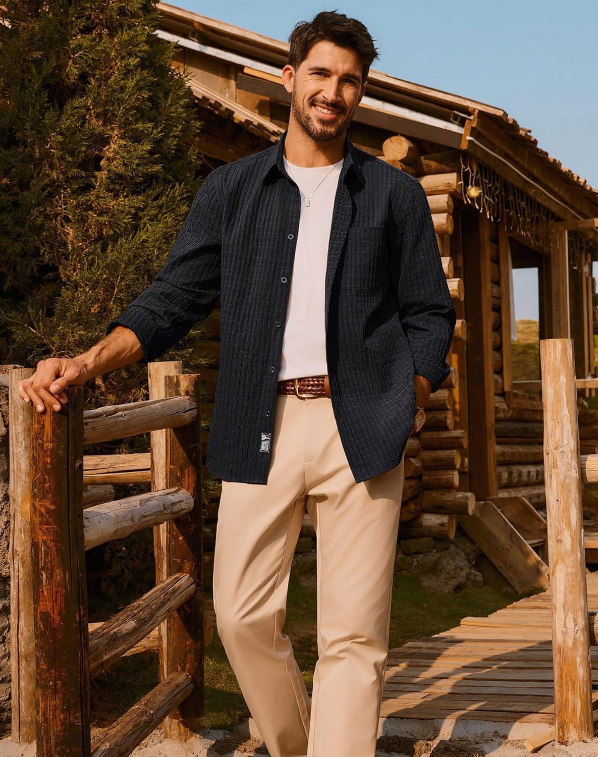 imagePJ PAUL JONES Mens Casual Button Down Shirts Long Sleeve Textured Wrinkle Free Untucked Shirt with PocketBlack