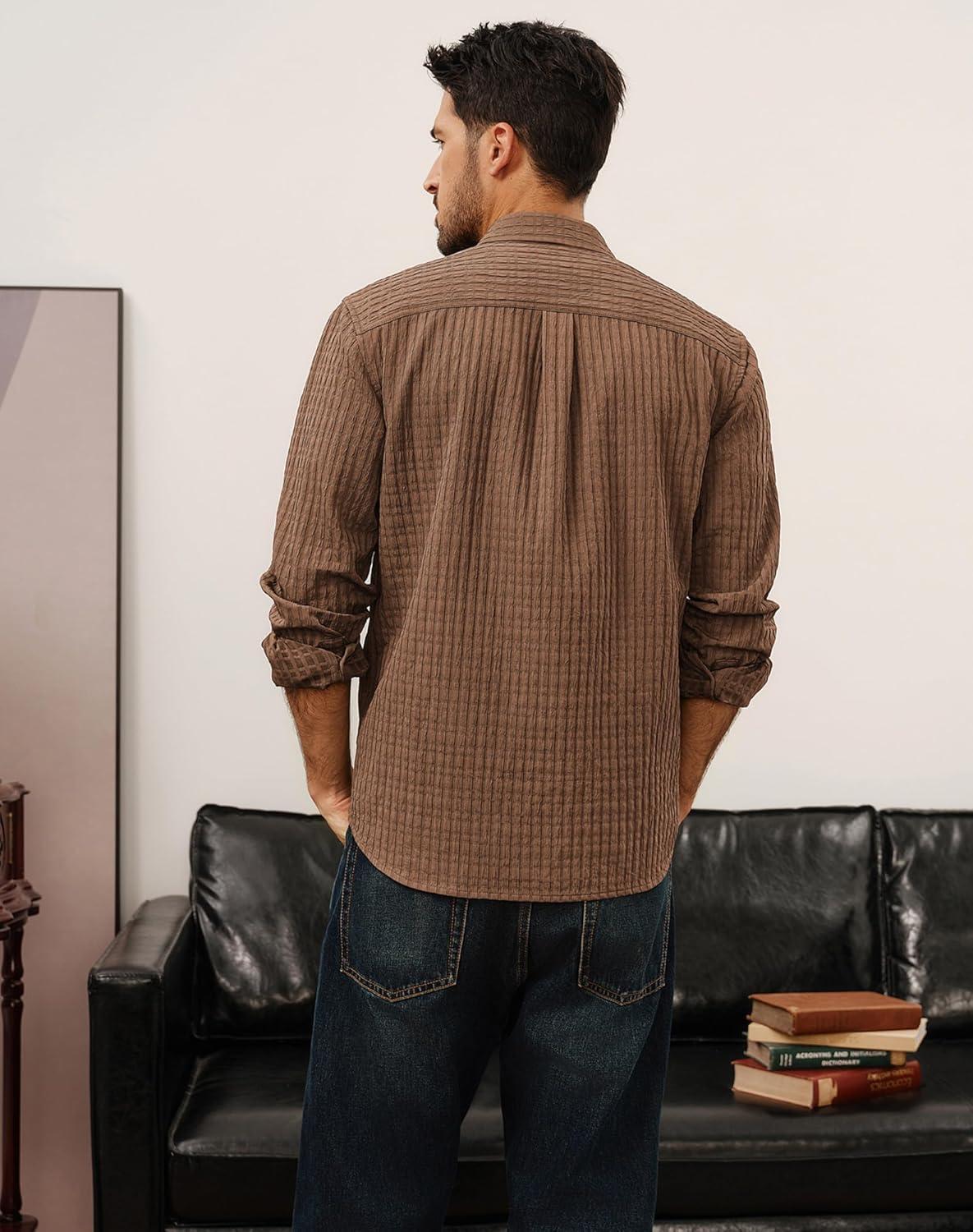 imagePJ PAUL JONES Mens Casual Button Down Shirts Long Sleeve Textured Wrinkle Free Untucked Shirt with PocketBrown