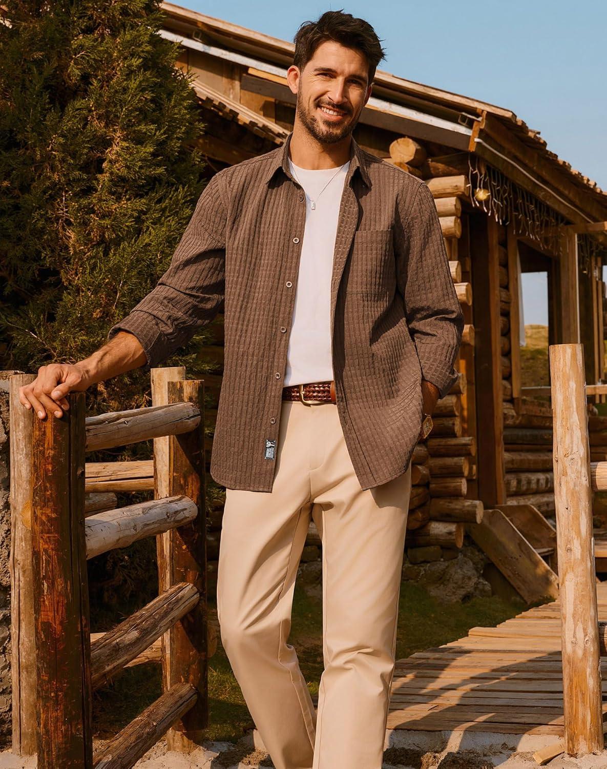 imagePJ PAUL JONES Mens Casual Button Down Shirts Long Sleeve Textured Wrinkle Free Untucked Shirt with PocketBrown