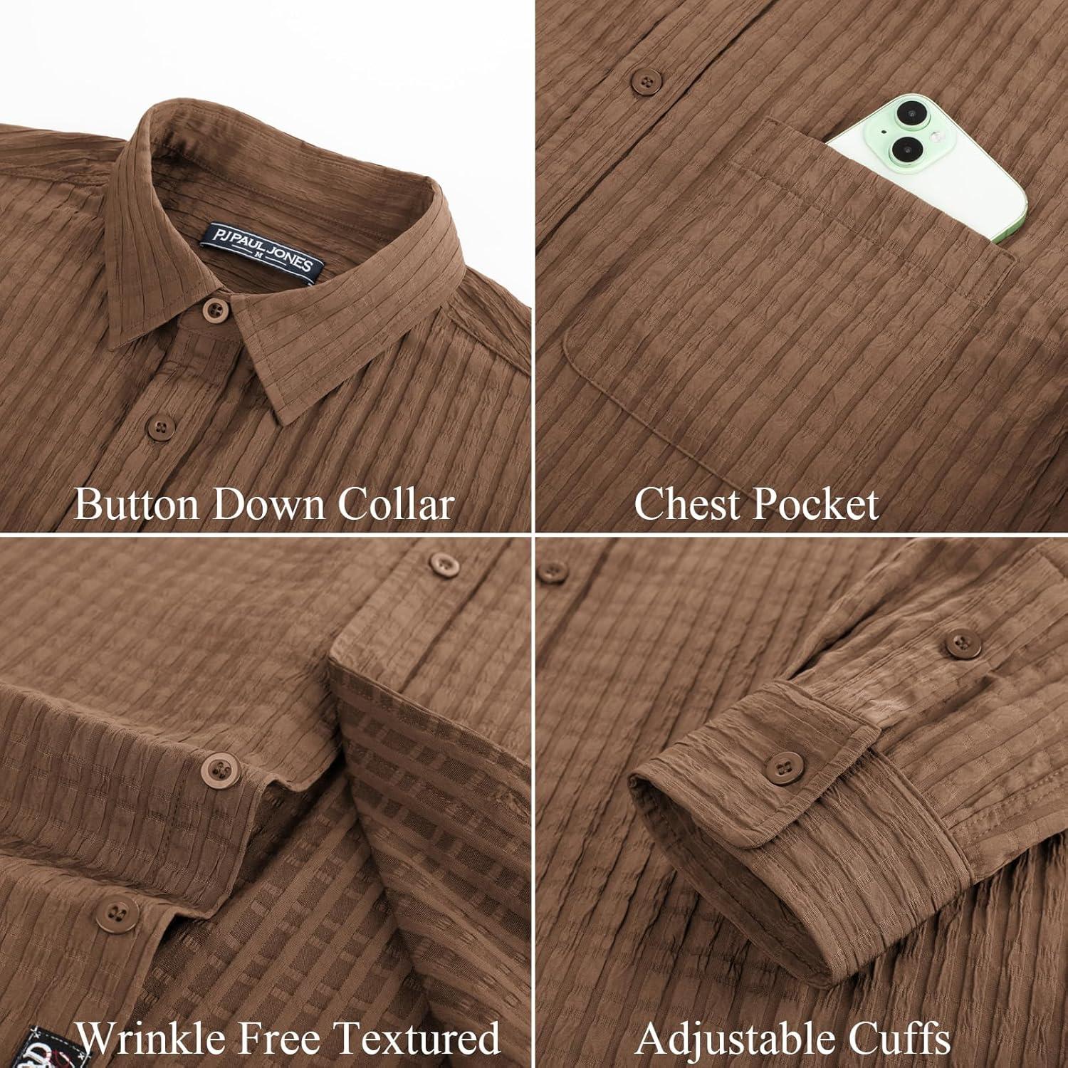 imagePJ PAUL JONES Mens Casual Button Down Shirts Long Sleeve Textured Wrinkle Free Untucked Shirt with PocketBrown